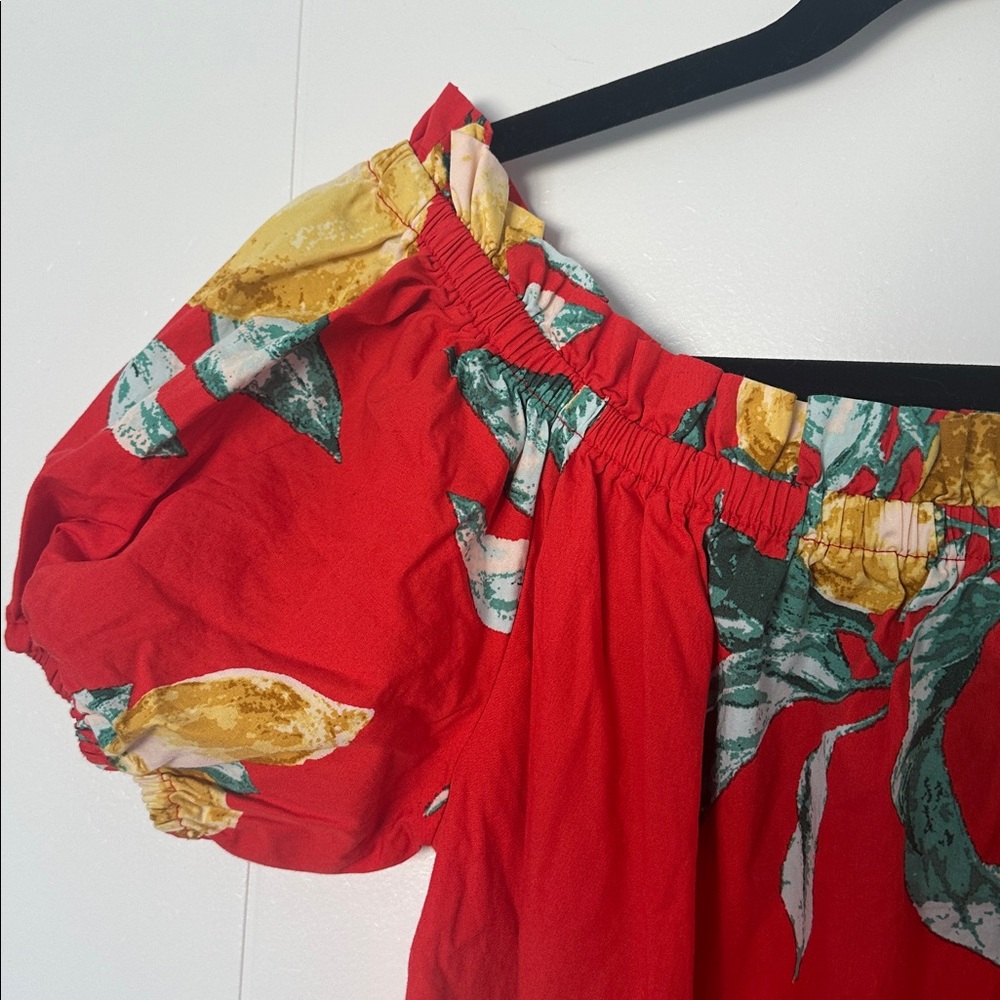 Flying Tomato Lemon Print Off Shoulder Midi Dress Puff Sleeve Red Tropical M - Picture 5 of 7